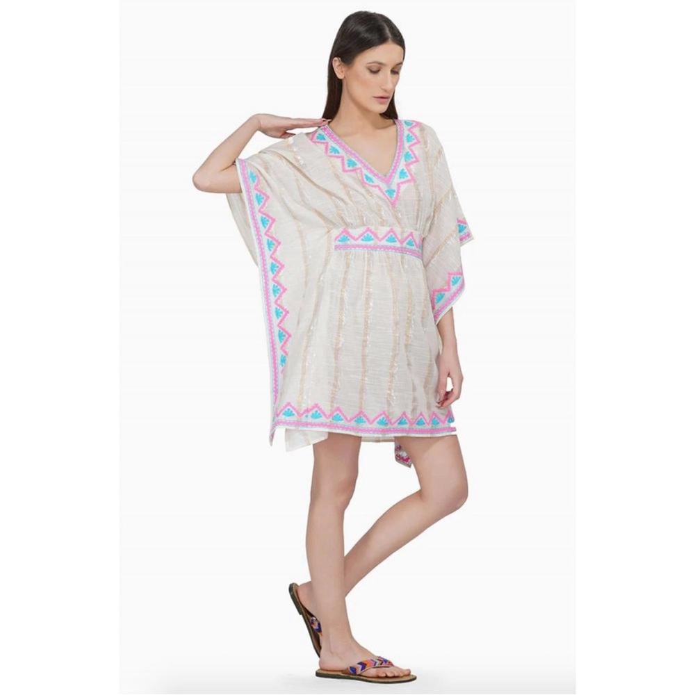 America & Beyond Cream Embroidered Women's swim cover with Pink & Teal Trim S